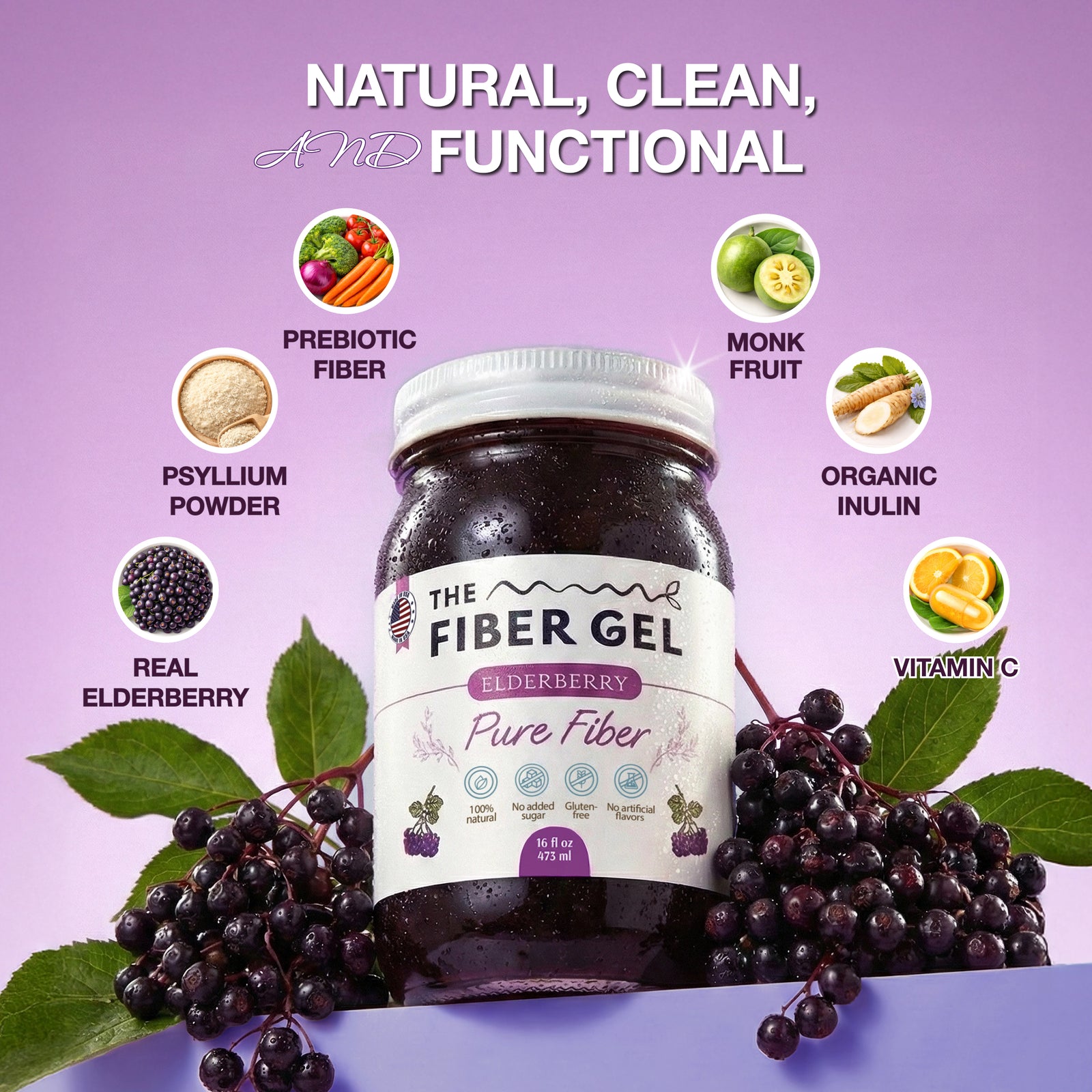 Bottle of 'The Fiber Gel' with ingredients listed on a purple background