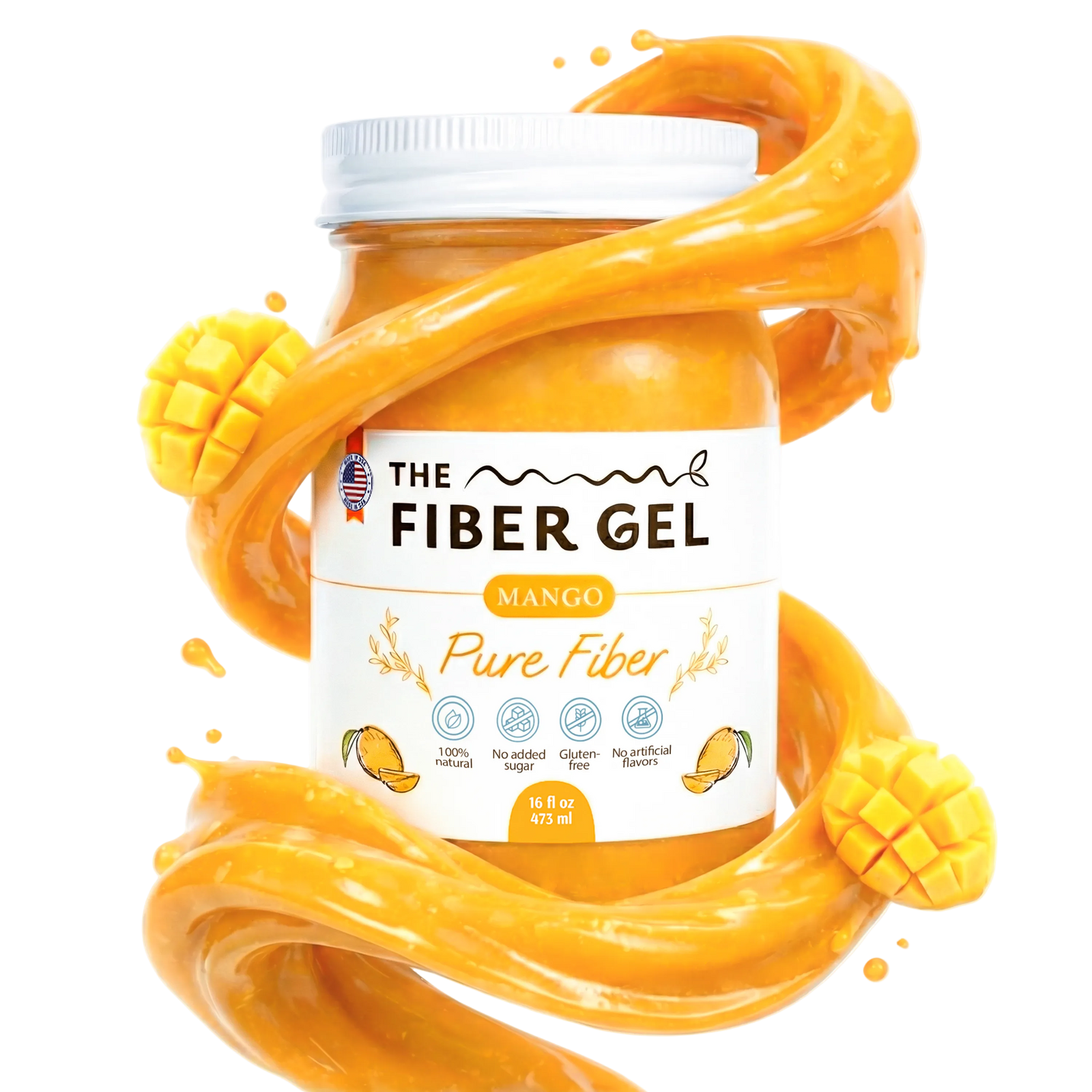 Jar of 'The Fiber Gel' mango flavor on a white background
