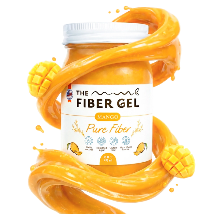 Jar of 'The Fiber Gel' mango flavor on a white background