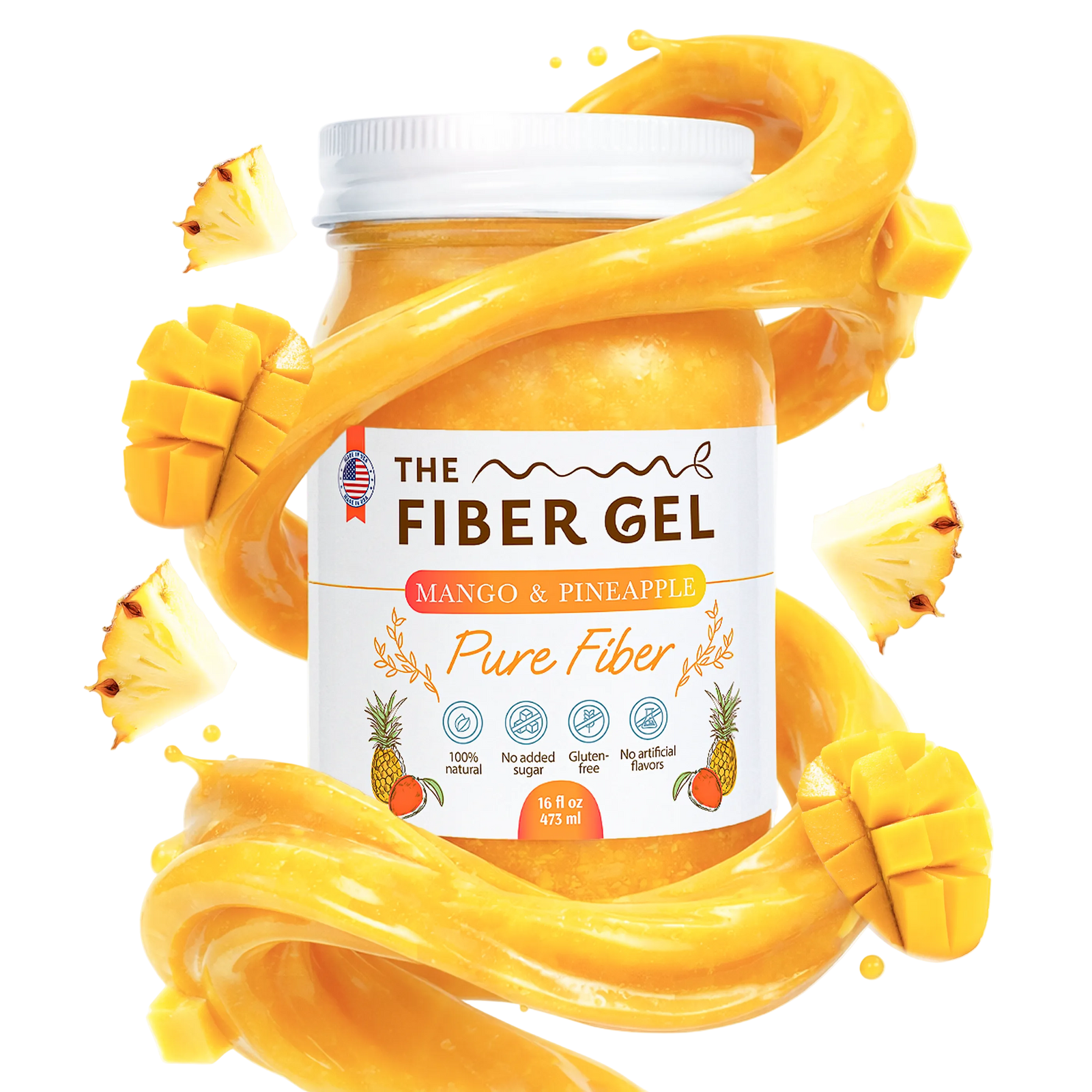Fiber gel container with mango and pineapple elements on a white background