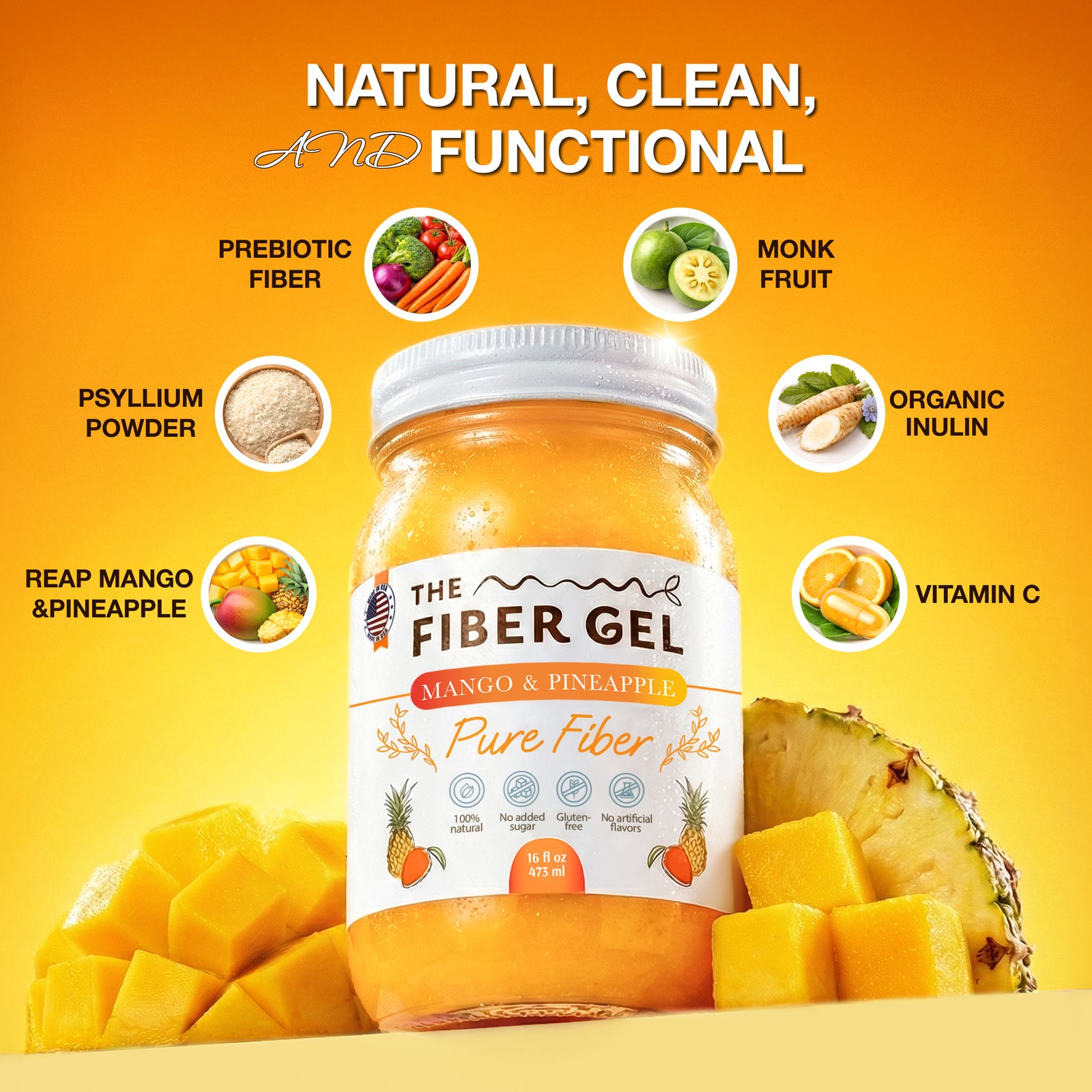 Jar of 'The Fiber Gel' with ingredients listed on a yellow background