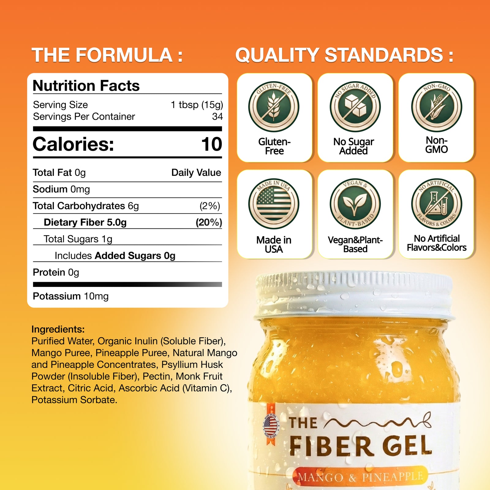 Nutrition facts label and quality standards for a fiber gel product on an orange background.