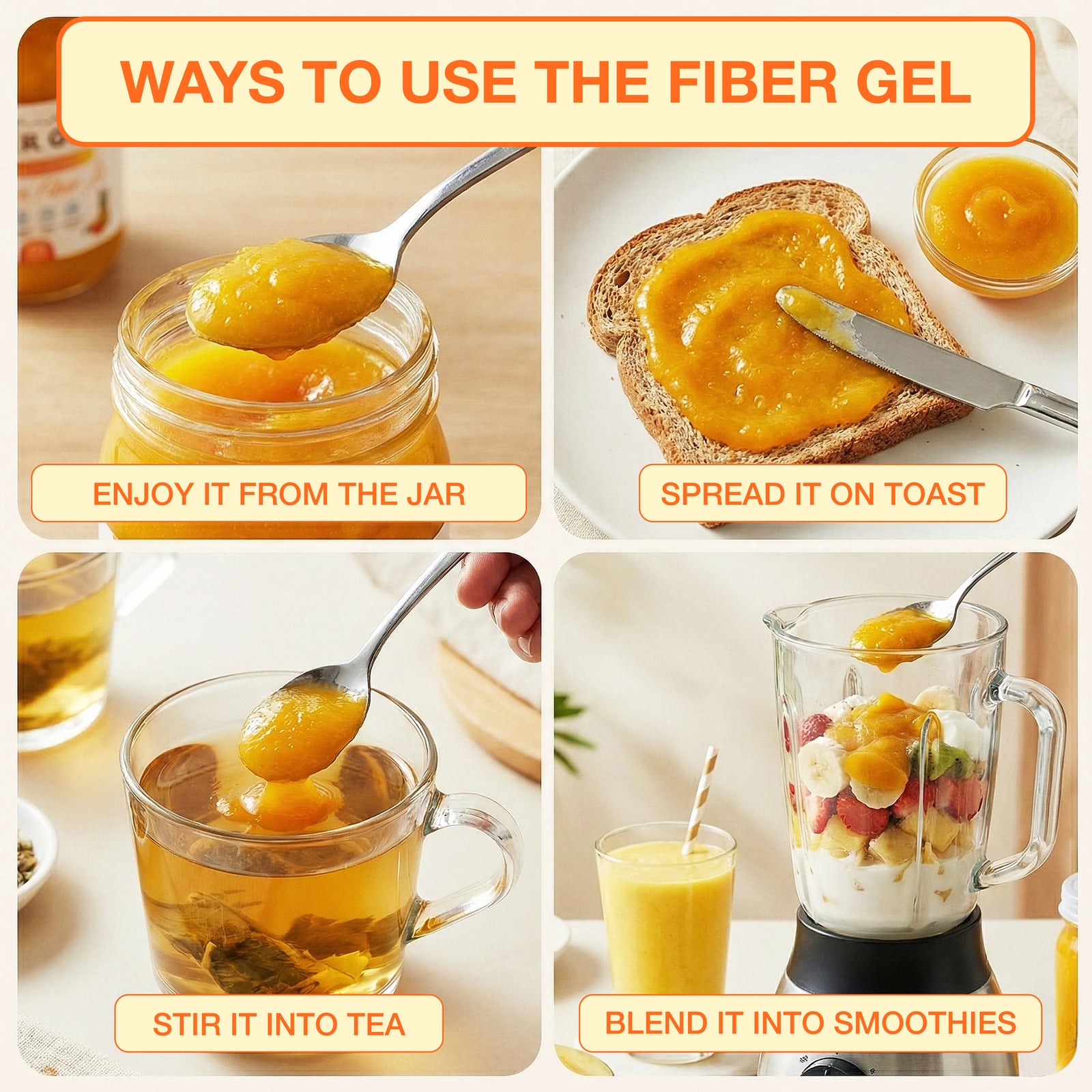Collage showing various ways to use fiber gel including from a jar, on toast, in tea, and in smoothies.