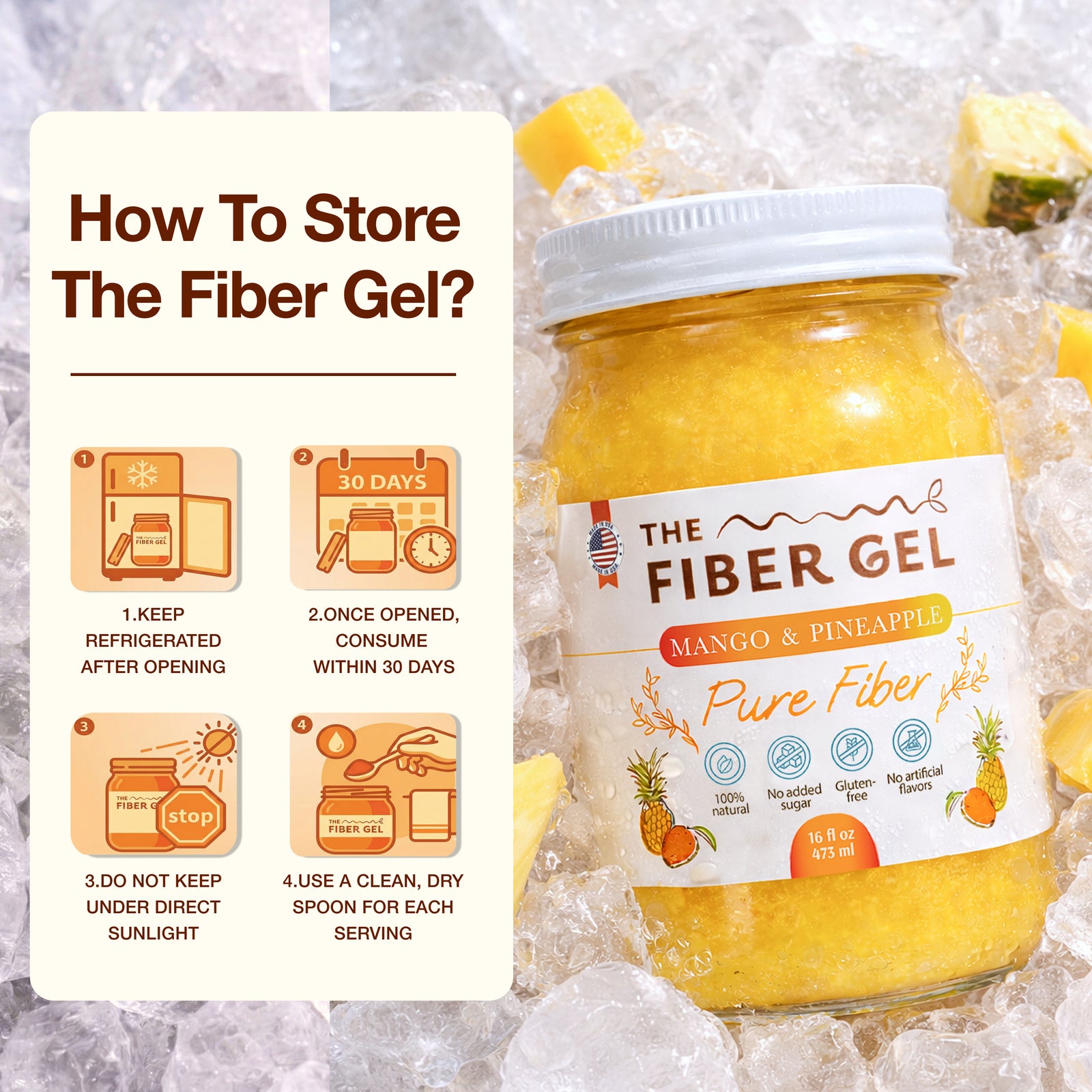 Jar of 'The Fiber Gel' with storage instructions on a textured background