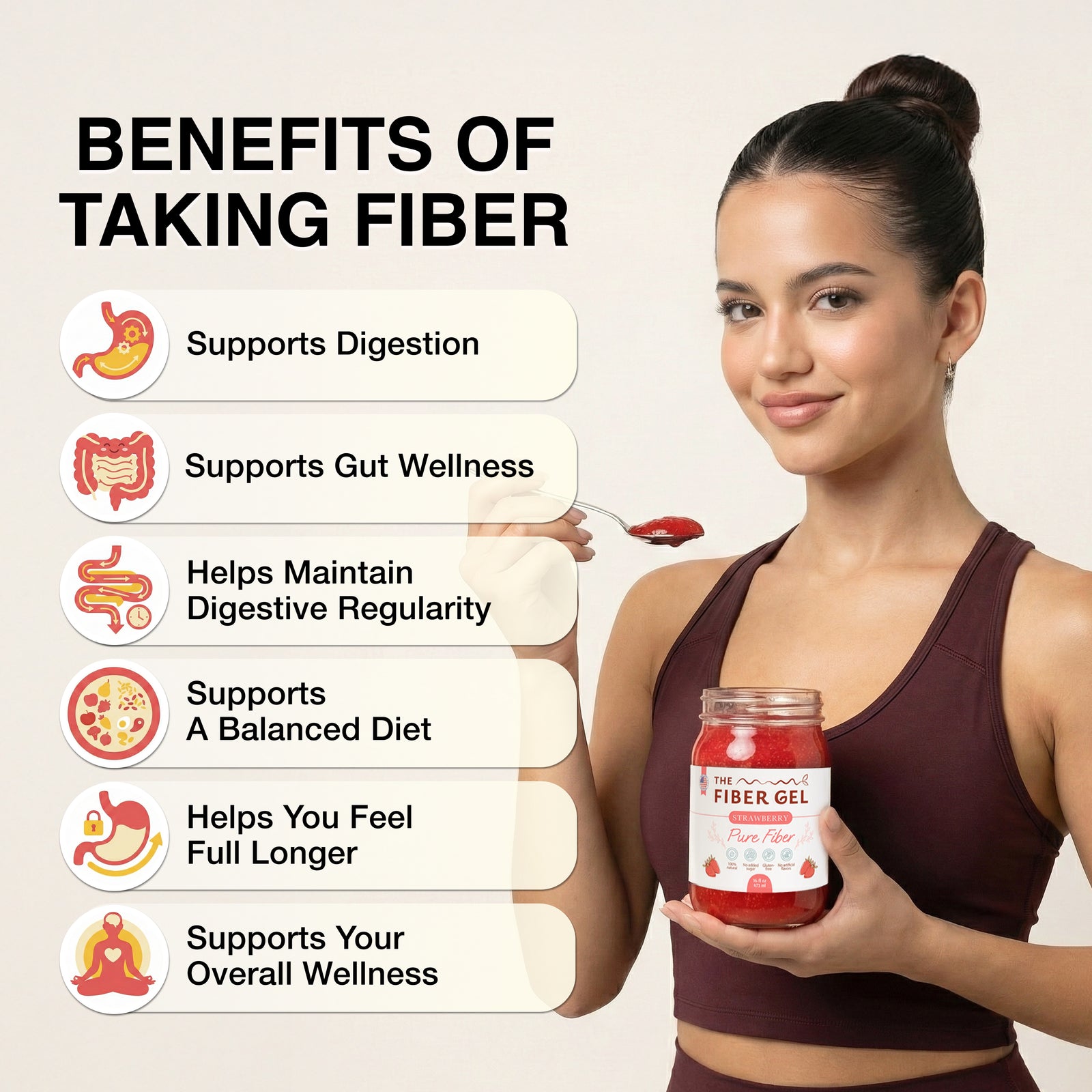 Woman holding a fiber supplement jar with benefits listed on a beige background
