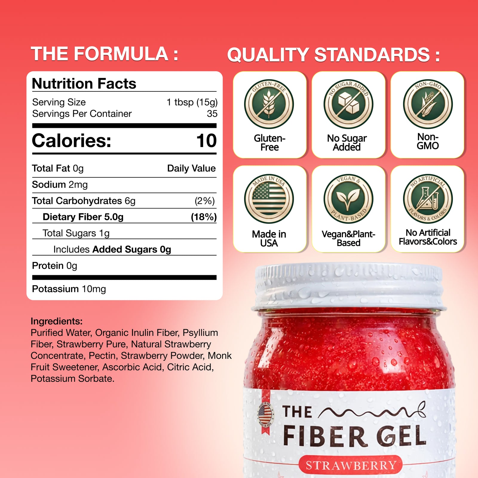Jacket of 'The Fiber Gel' strawberry flavor with nutrition facts and quality standards on a red background
