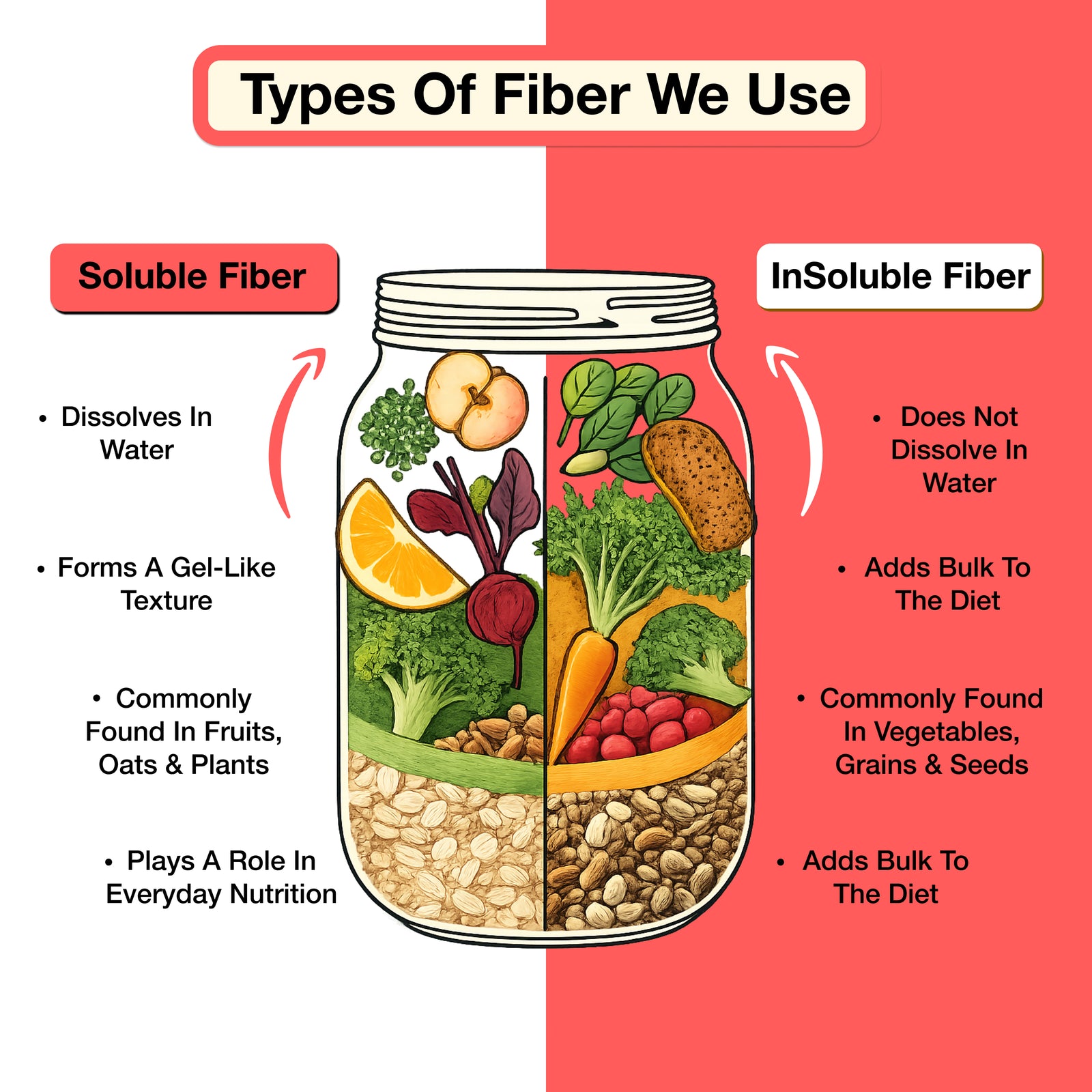 Diagram showing types of fiber with soluble and insoluble fiber on a white and red background.
