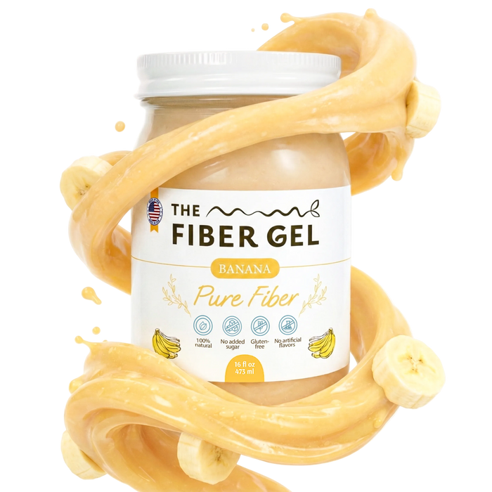 Jar of 'The Fiber Gel' banana flavor on a white background with banana slices and gel strands.