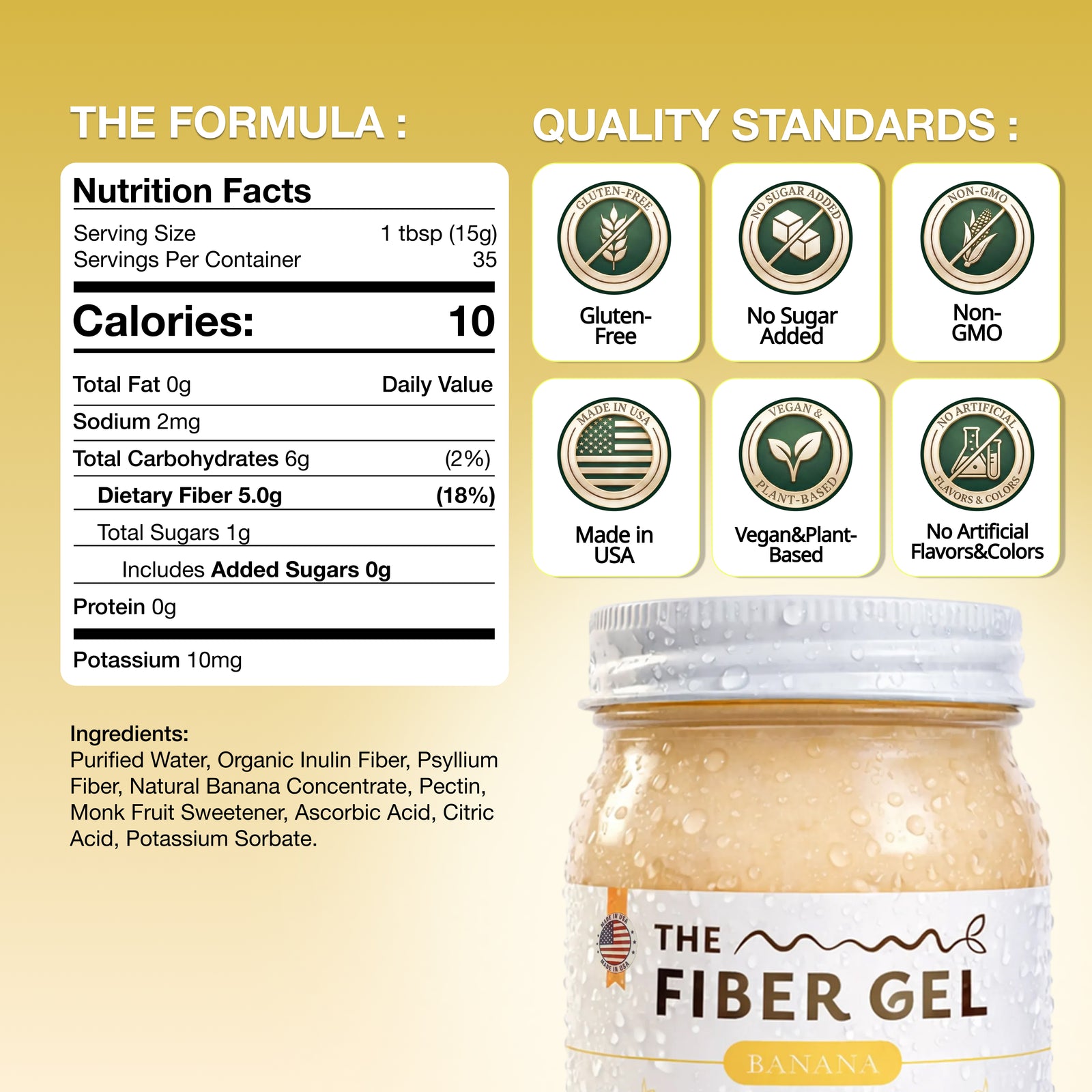 Jar of fiber gel with nutrition facts and quality standards on a yellow background