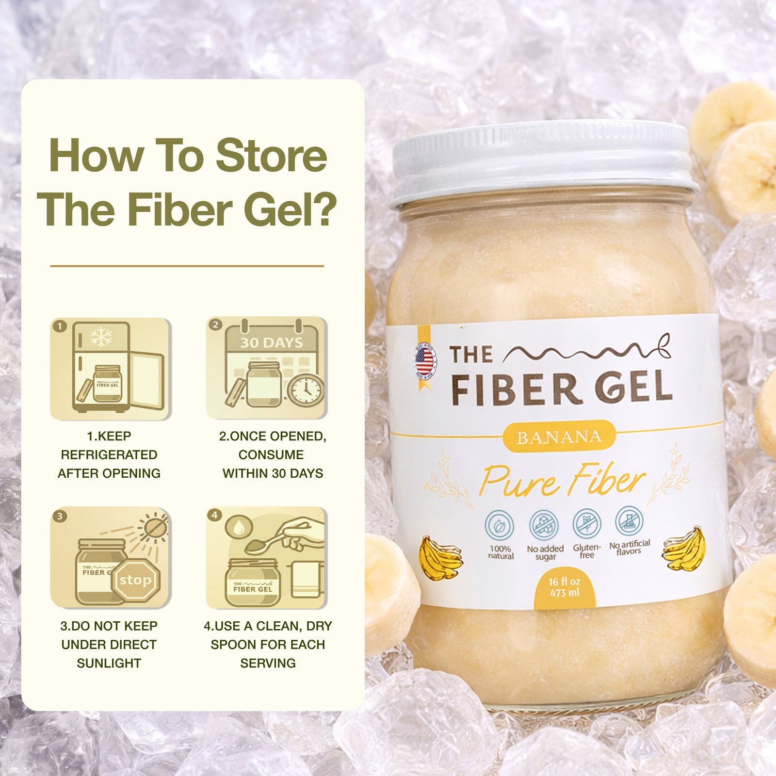 Jar of 'The Fiber Gel' with banana flavor on a textured white background