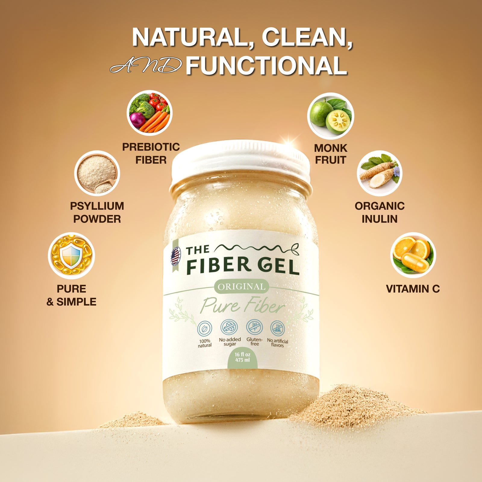Jar of 'The Fiber Gel' with health benefits listed on a beige background