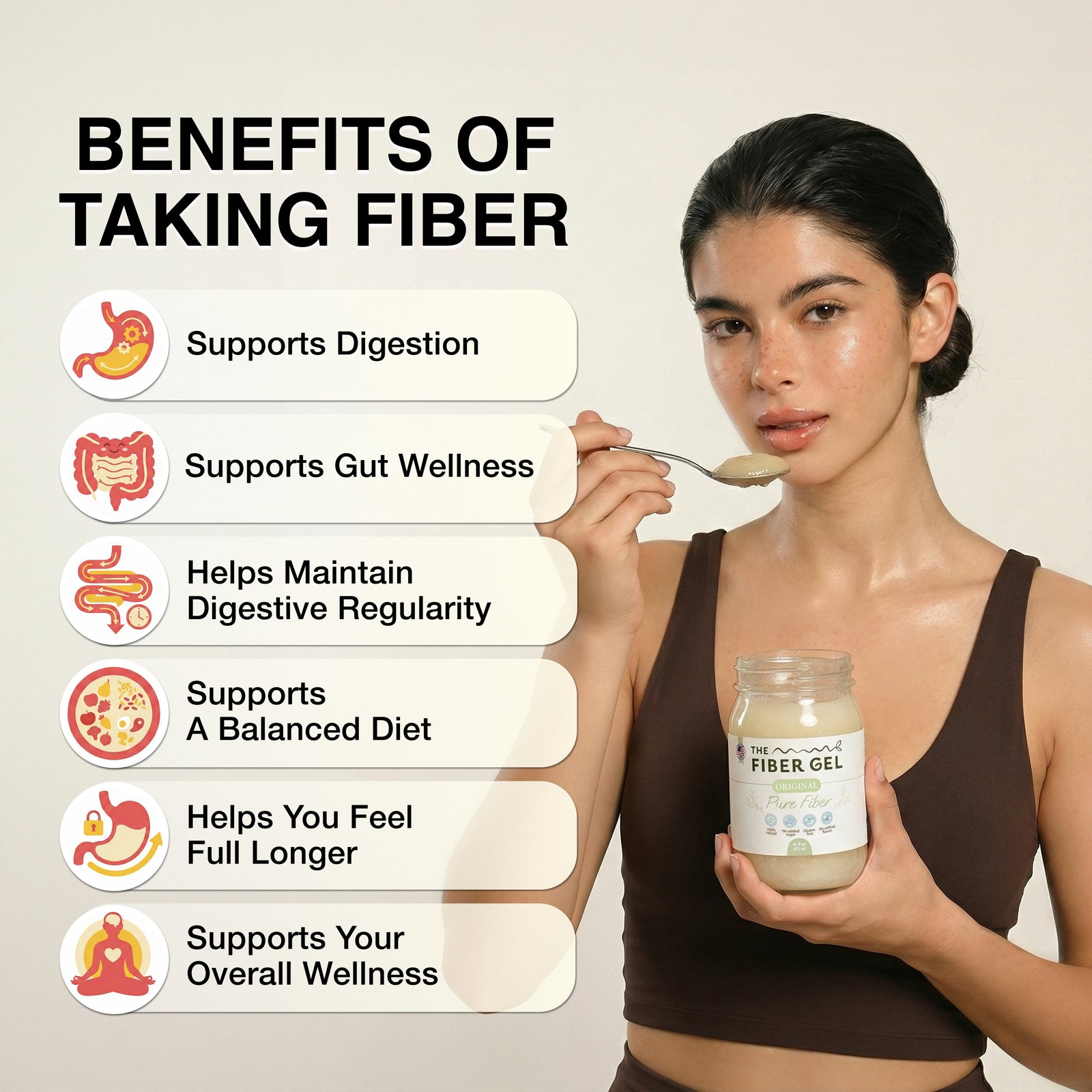 Woman holding a jar of fiber gel with text listing benefits on a beige background