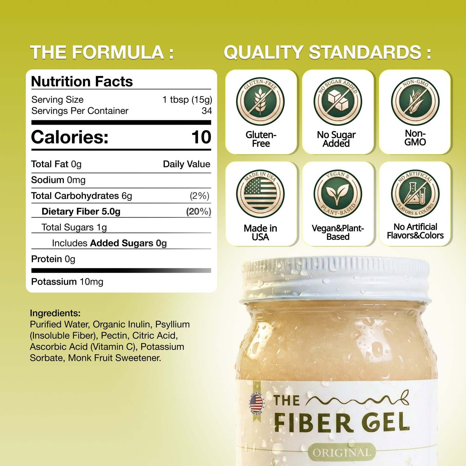 Nutrition facts label and quality standards for a fiber gel product on a green background.
