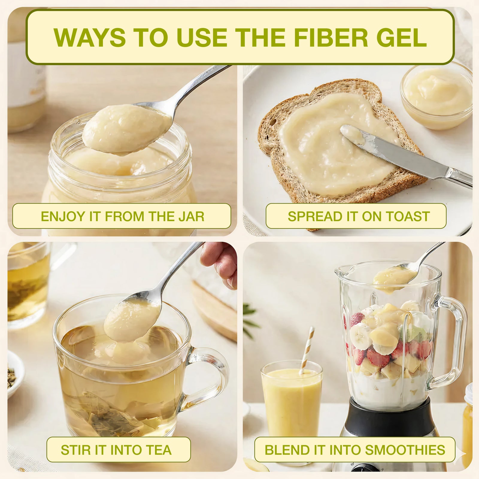 Collage showing different ways to use fiber gel including from a jar, on toast, in tea, and in smoothies.