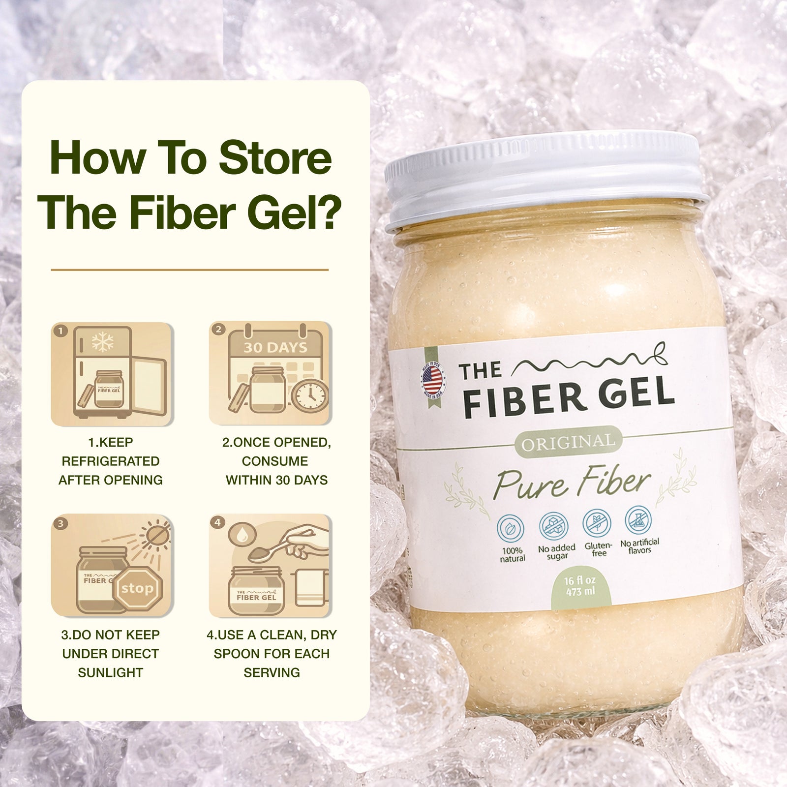 Jar of 'The Fiber Gel' with storage instructions on a textured background
