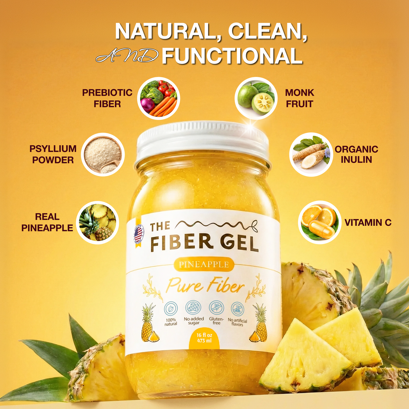 Fiber gel product with pineapple slices and health benefits on a yellow background