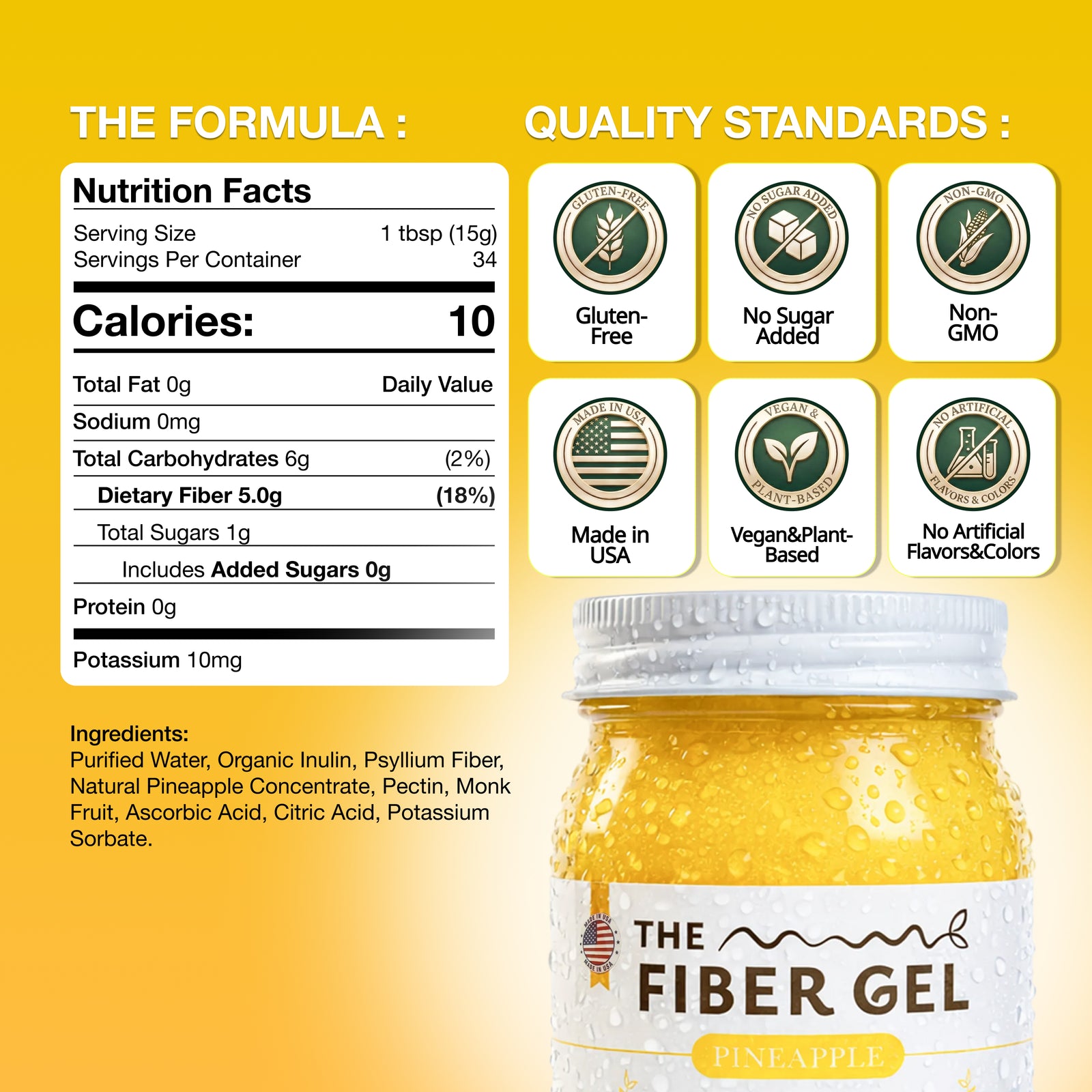 Nutrition facts label and quality standards for a fiber gel product on a yellow background.