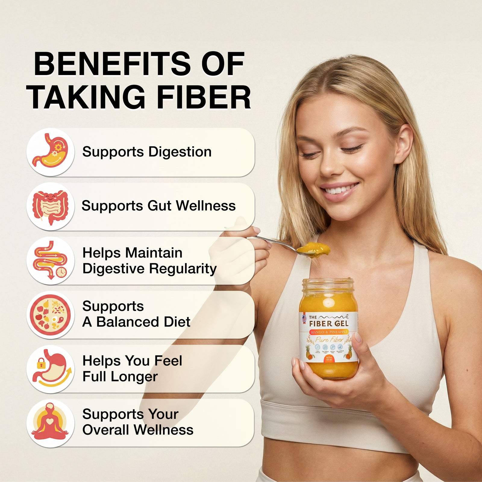 Woman holding a jar of fiber gel with text listing benefits on a beige background