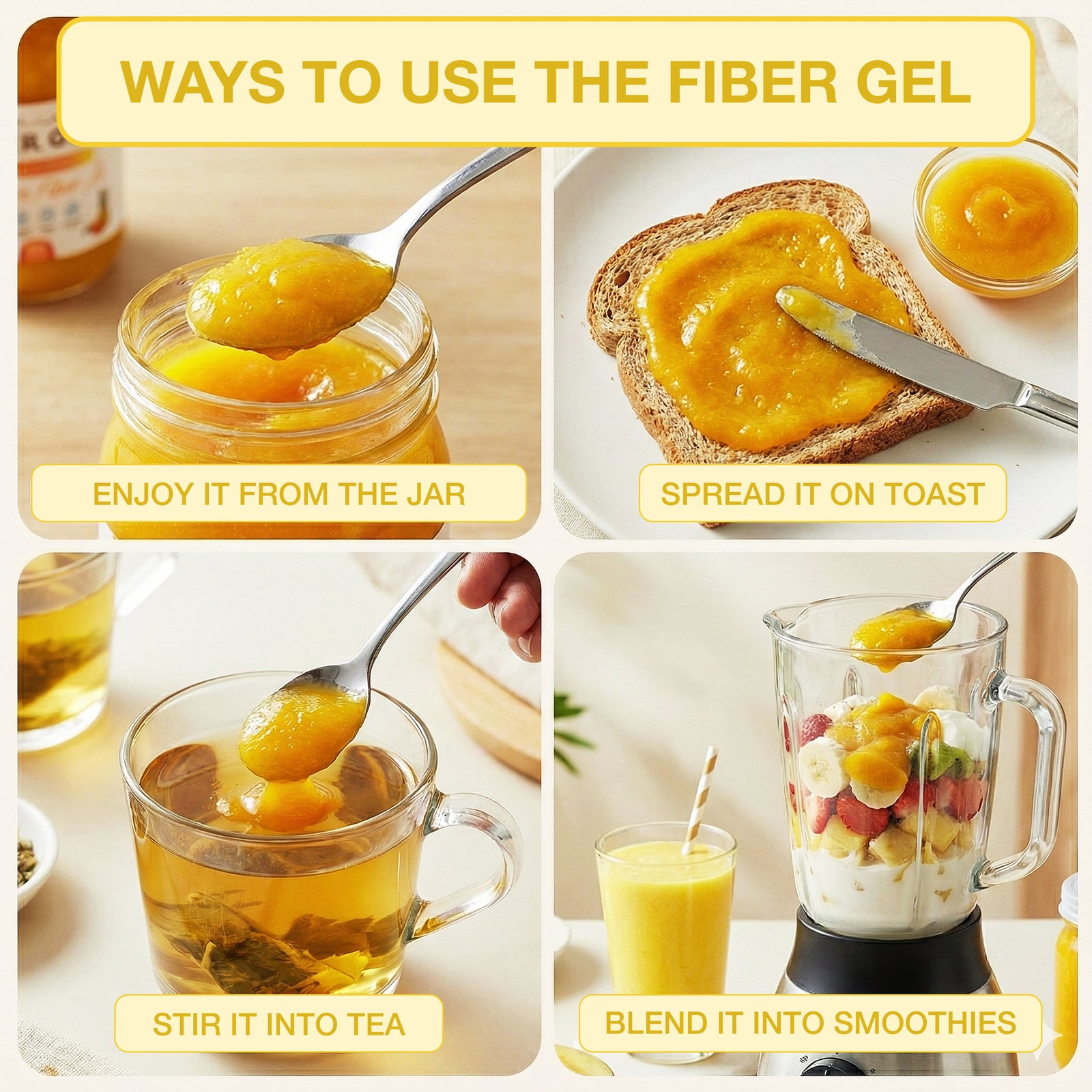 Collage of ways to use fiber gel including jar, toast, tea, and smoothie.