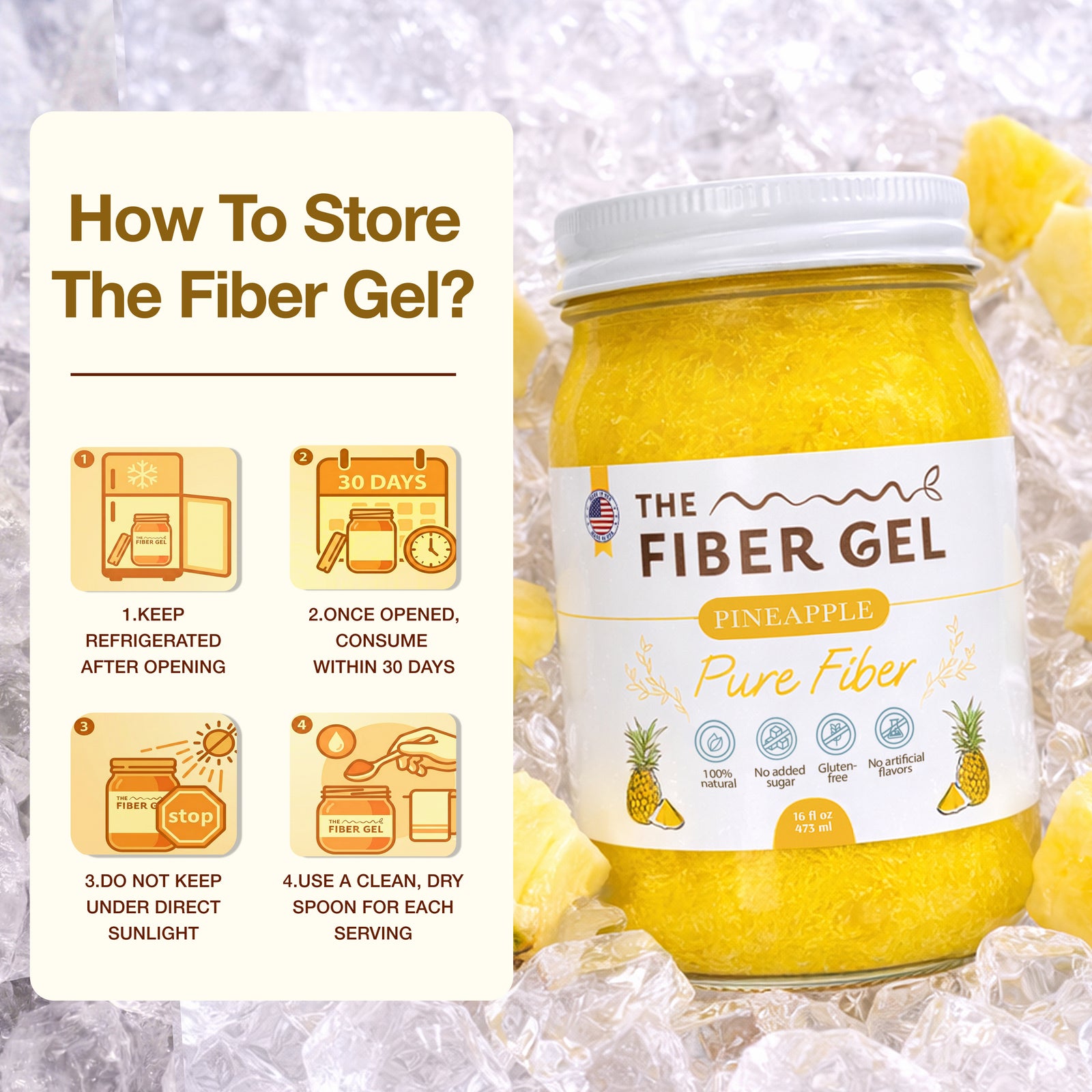 Jar of 'The Fiber Gel' pineapple flavor with storage instructions on a textured background