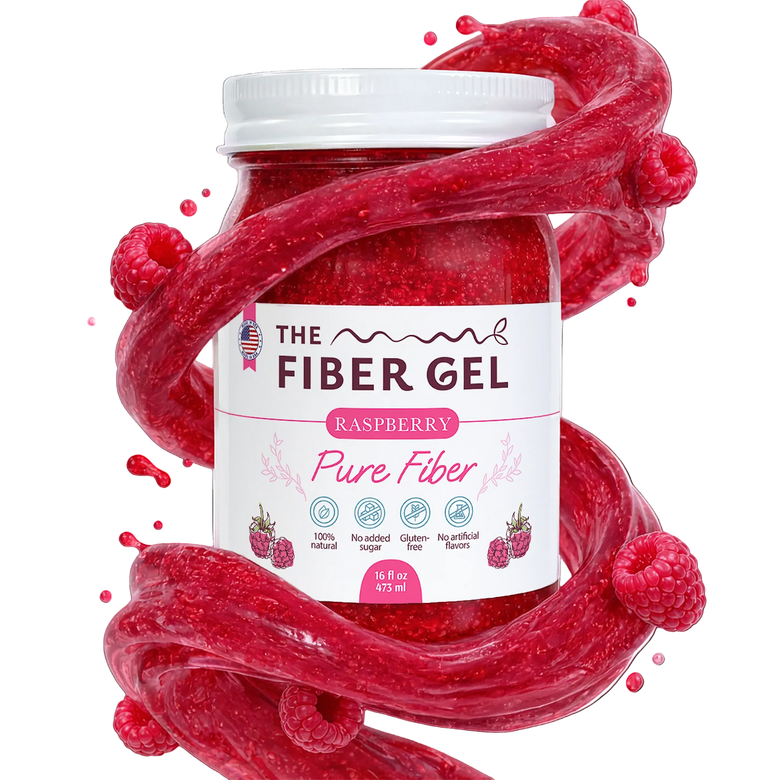 Jar of Raspberry Fiber Gel with visible label on a white background