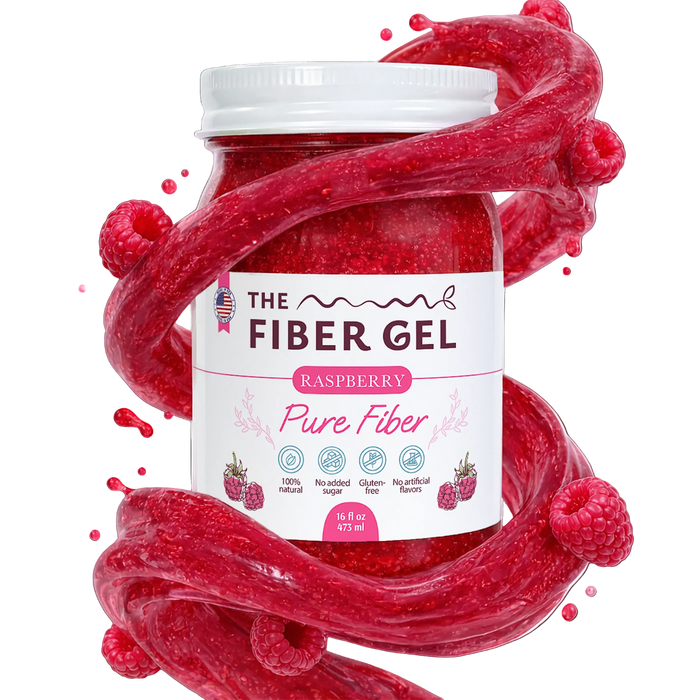 Jar of Raspberry Fiber Gel with visible label on a white background