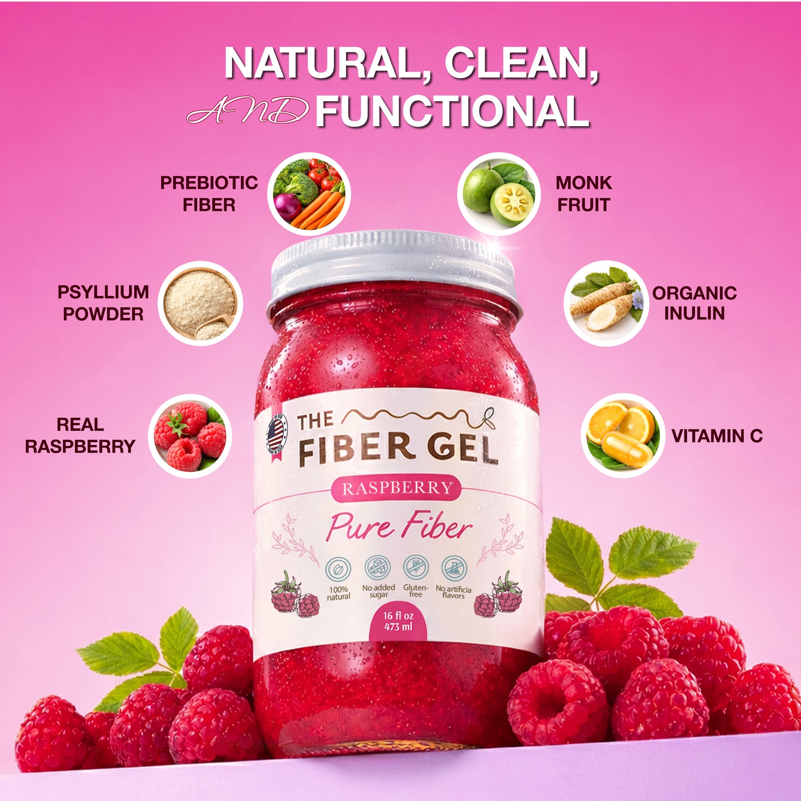 Jar of 'The Fiber Gel' raspberry pure fiber supplement with ingredients listed on a pink background