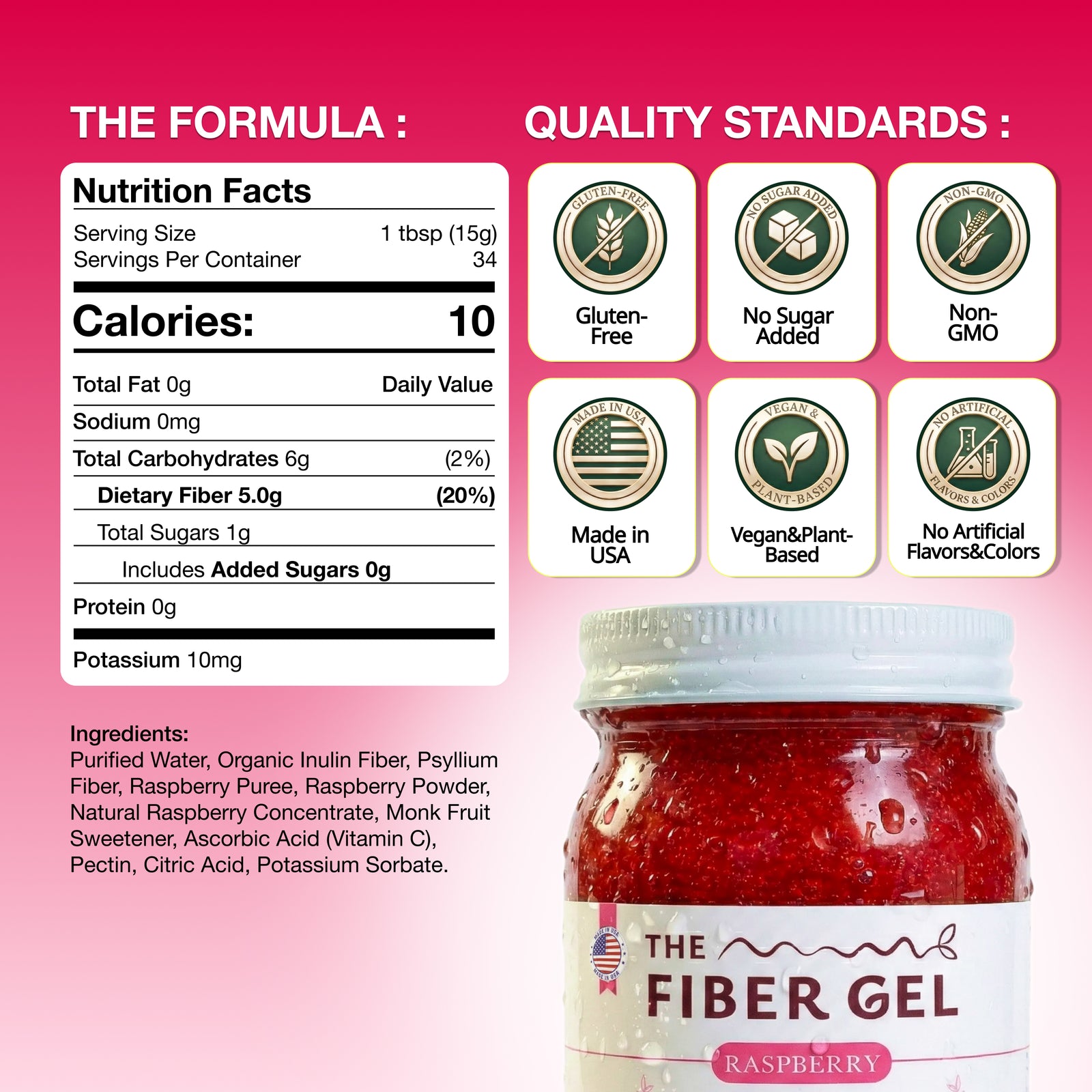 Nutritional information and quality standards for a fiber gel product on a pink background