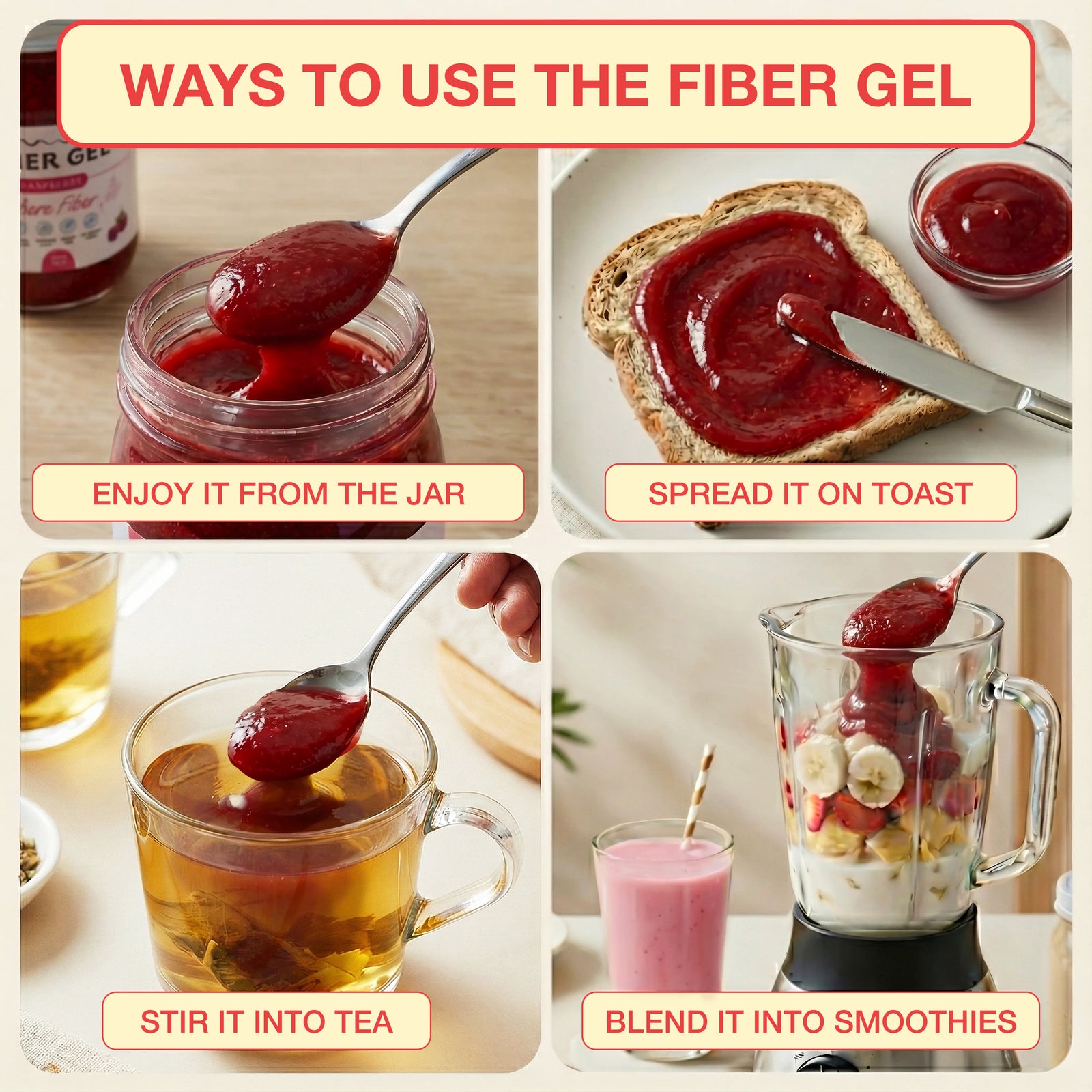 Collage of ways to use fiber gel with text labels on a light background